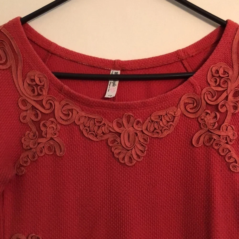 Free people orange thermail embroidered long sleeve top fitted S